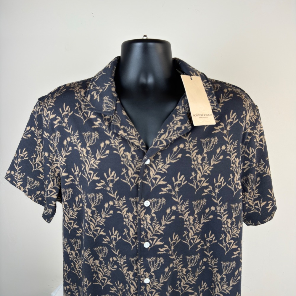 Scotch & Soda Mens Berry Jacquard Knit Camp Shirt Charcoal Art Floral Large NEW